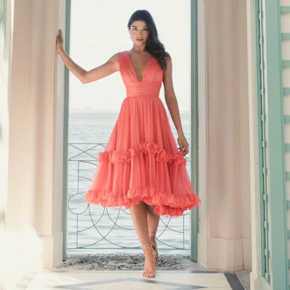 Mac Duggal Size 6 Coral Orange Chiffon Ruffle V-Neck Midi Cocktail Party Dress